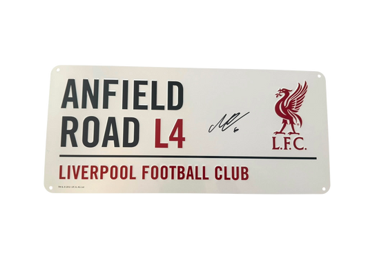 Front view of an enamel Anfield Road Liverpool street sign hand-signed in permanent marker by Milos Kerkez.