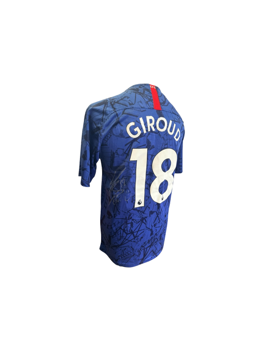 Close up angle of the Olivier Giroud signature on the 2019/20 Chelsea home shirt
