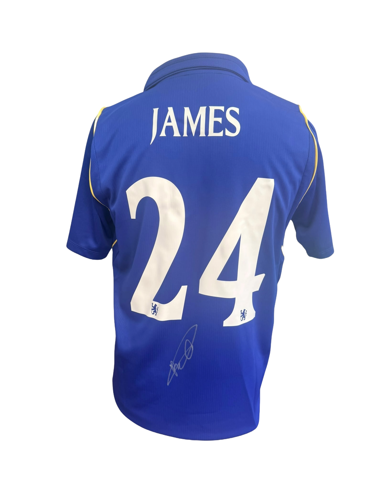 Back view of a royal blue 2026/27 Chelsea home shirt hand-signed in permanent marker by Reece James.