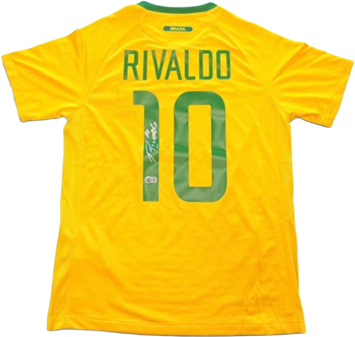 Hand-signed yellow Brazil football jersey featuring a bold authentic autograph on the back by legend Rivaldo.