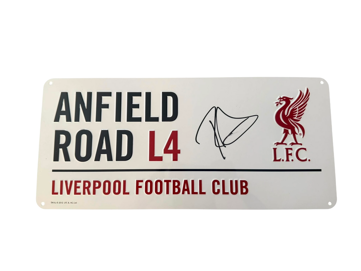 Front view of an enamel Anfield Road Liverpool street sign hand-signed in permanent marker by Ronald Araujo.