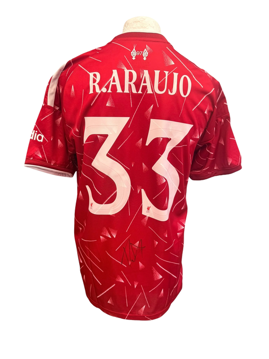 Back view of a 2026/27 Liverpool home shirt hand-signed in permanent marker by Ronald Araujo.