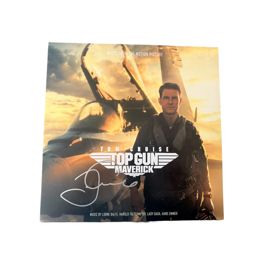 Front cover of the Top Gun Maverick motion picture soundtrack vinyl album hand-signed by Tom Cruise in silver marker