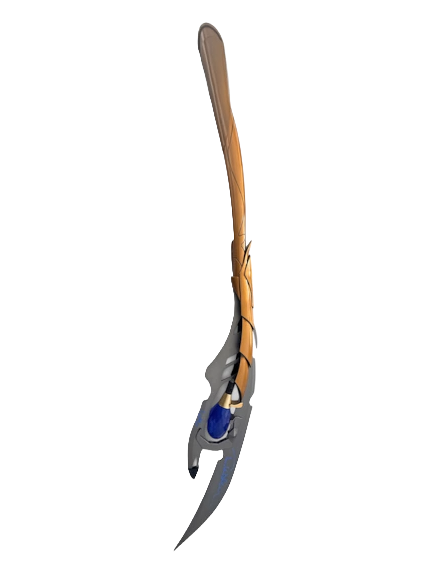 Full view of the signed Tom Hiddleston Loki scepter replica displayed on its stand