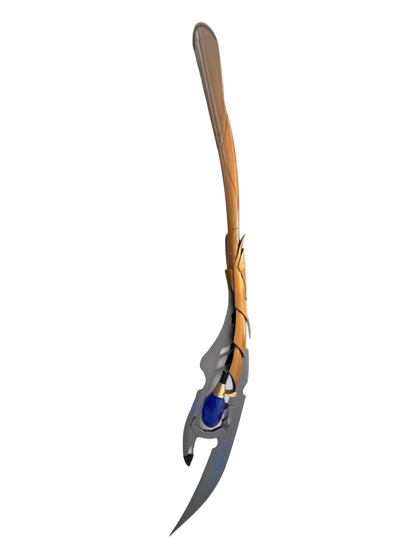 Full view of the signed Tom Hiddleston Loki scepter replica displayed on its stand