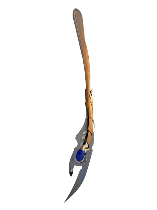 Full view of the signed Tom Hiddleston Loki scepter replica displayed on its stand