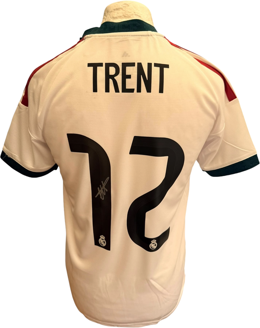 A clear signature hand-signed by Trent Alexander Arnold across the front of the white Real Madrid 2026/27 home shirt.