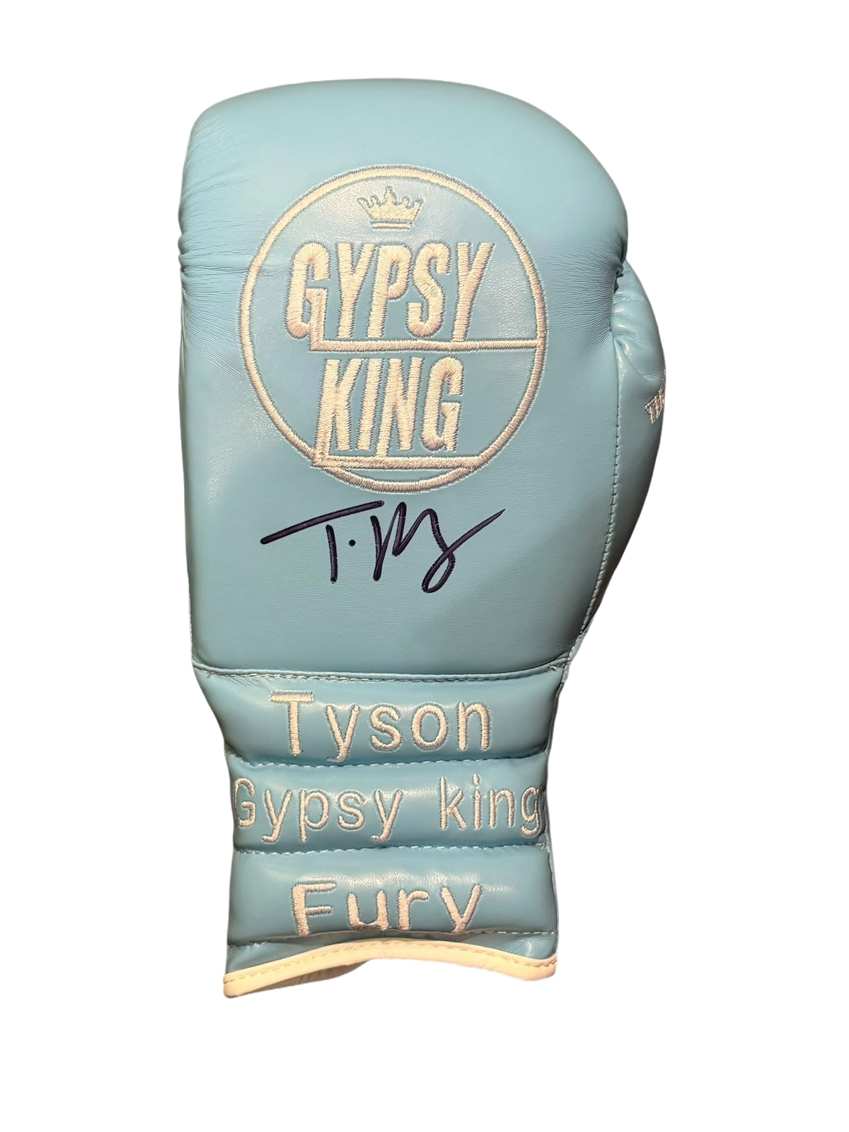 Front view of a signed Tyson Fury Gypsy King boxing glove showing autograph and logo embroidery.