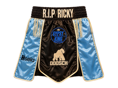 Back view of Tyson Fury boxing shorts with custom RIP Ricky tribute embroidery.