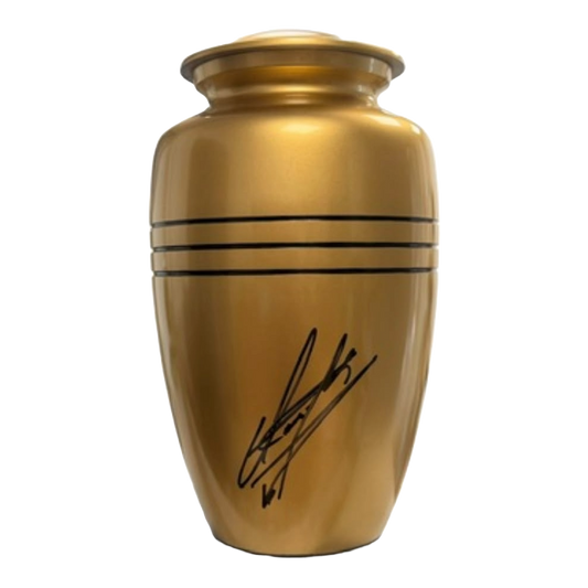 Gold coloured urn hand-signed by WWE legend The Undertaker in black marker