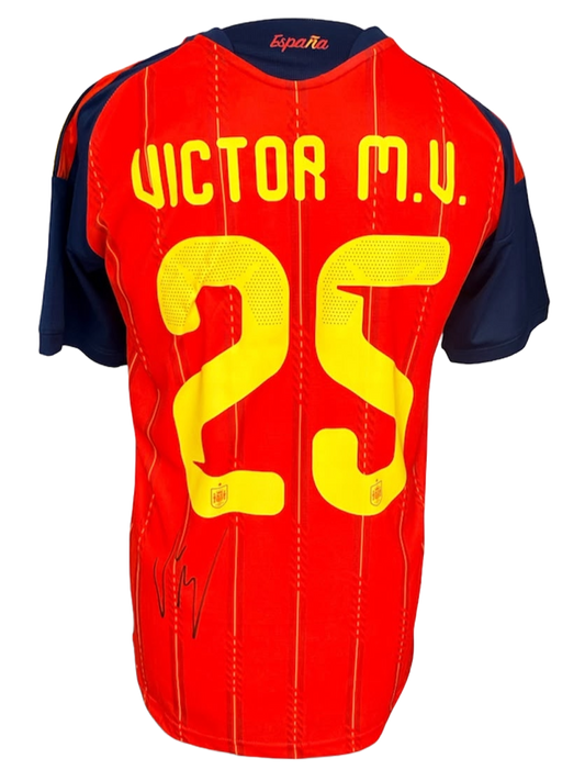 Back view of the signed Víctor Muñoz Spain home shirt 2026 displaying a clear hand-signed autograph across the rear squad number