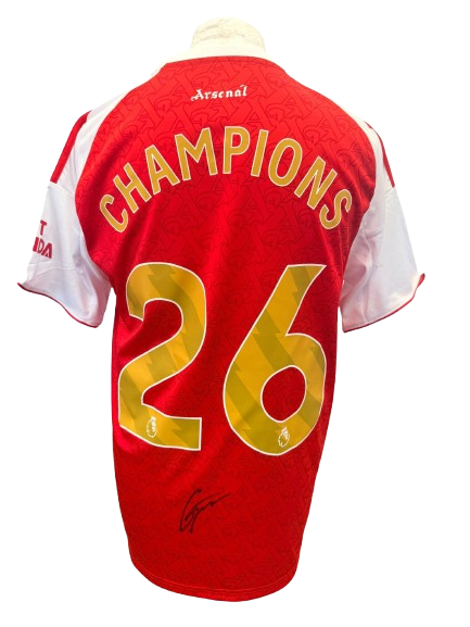 Hand-signed Viktor Gyokeres Arsenal 2025/2026 home shirt with authentic autograph and commemorative gold Champions 26 printing on the back.