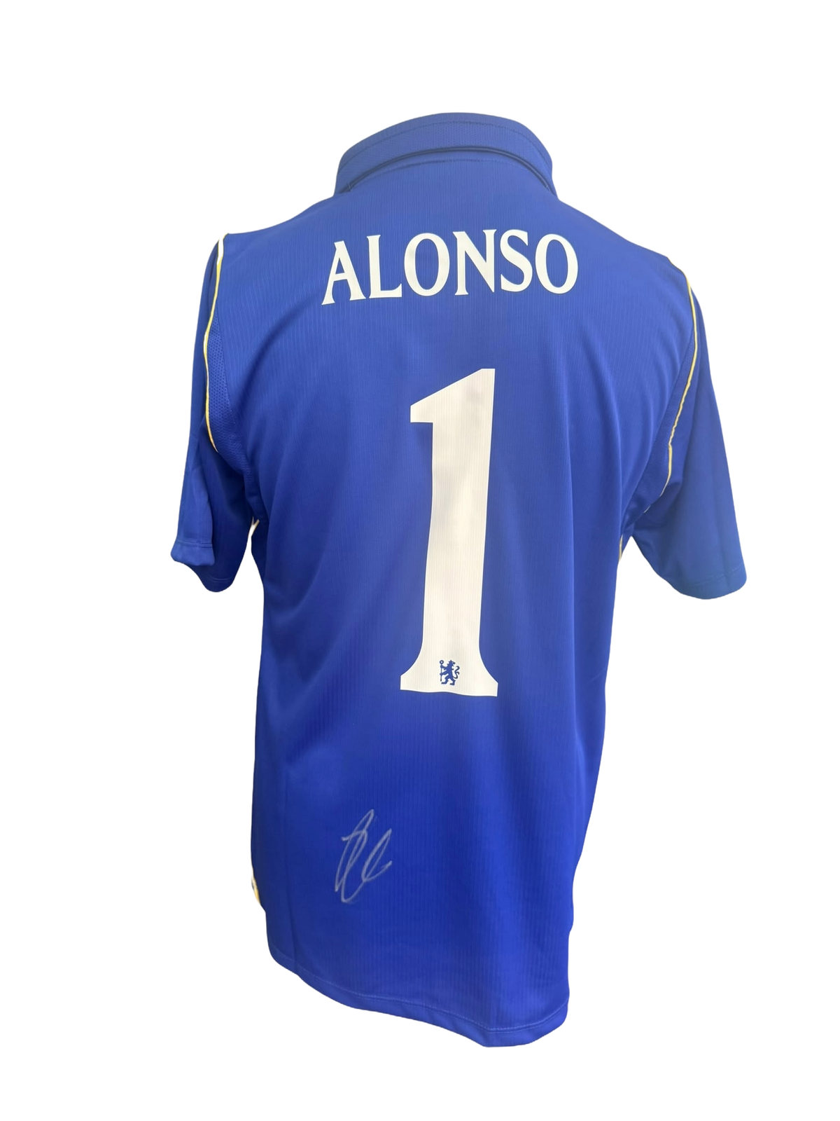 Back view of a royal blue 2026/27 Chelsea home shirt with Alonso 1 printing hand-signed in silver pen by Xabi Alonso.