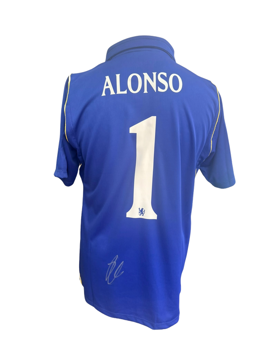Back view of a royal blue 2026/27 Chelsea home shirt with Alonso 1 printing hand-signed in silver pen by Xabi Alonso.