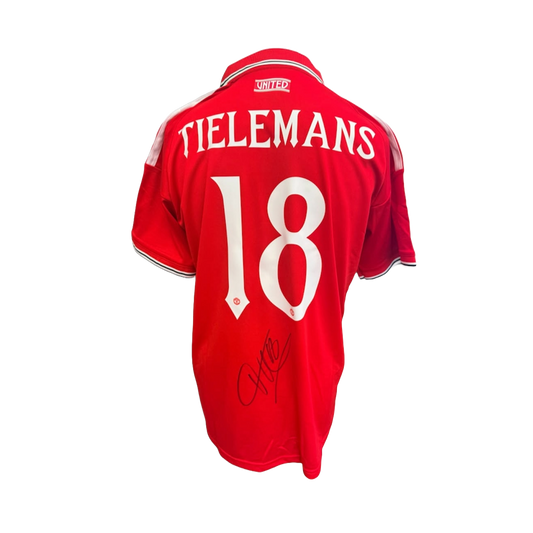 Back view of the signed Youri Tielemans Manchester United home shirt 2026/27 displaying player name, squad number, and autograph