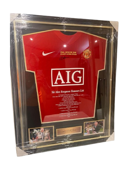 A bespoke framed and signed Sir Alex Ferguson 2008 Champions League replica shirt featuring a customised honours list and embroidery.