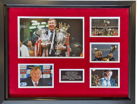 Sir Alex Ferguson hand signed Manchester United photo montage version one with a red background, five photos, and a bespoke plaque.