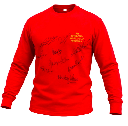 Front view of a retro red 1966 England World Cup winners shirt hand-signed on the front by 9 squad legends, displayed alongside the Certificate of Authenticity.