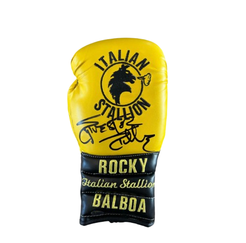 A hand-signed Sylvester Stallone Rocky Balboa Italian Stallion boxing glove with a bold signature on the leather.