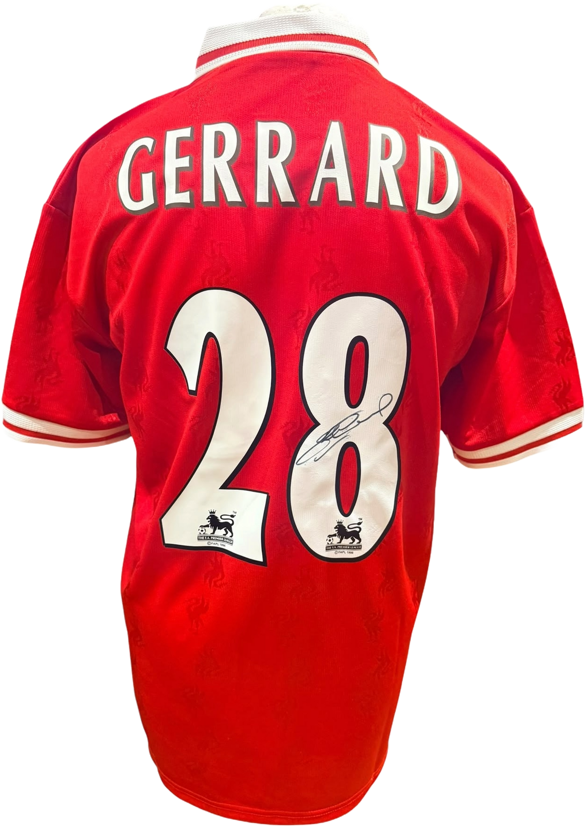 Rear view of a retro replica 1998/99 Liverpool home shirt hand-signed by midfield legend Steven Gerrard, displayed alongside the Certificate of Authenticity.