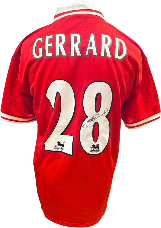Rear view of a retro replica 1998/99 Liverpool home shirt hand-signed by midfield legend Steven Gerrard, displayed alongside the Certificate of Authenticity.
