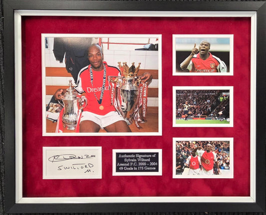 Authentic Sylvain Wiltord hand-signed card mounted in a premium Arsenal photo display alongside iconic match action shots and a custom plaque.