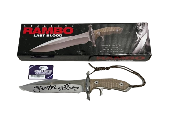 Sylvester Stallone hand-signed John Rambo survival knife replica with saw-back blade and official COA.
