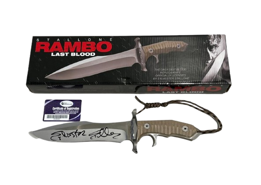 Sylvester Stallone hand-signed John Rambo survival knife replica with saw-back blade and official COA.