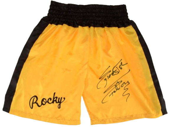 Sylvester Stallone hand-signed Rocky Balboa boxing shorts with gold trim and official COA.