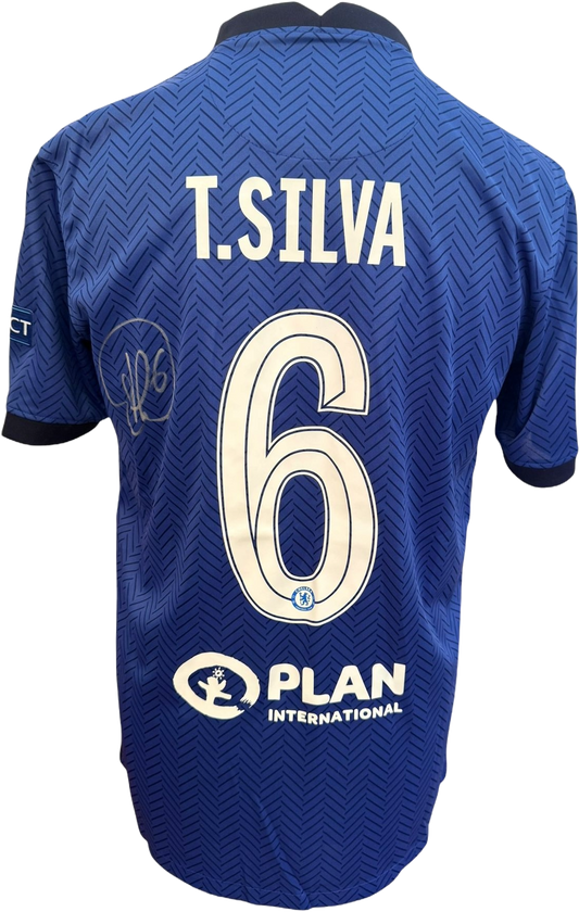 The reverse of the blue Chelsea shirt showing Thiago Silva's number 6 and a clear, hand-signed autograph in permanent silver marker.