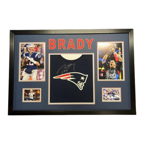 Authentic hand-signed Tom Brady New England Patriots jersey in a bespoke frame with a career photo collage and Certificate of Authenticity.