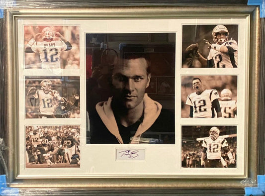 A hand-signed Tom Brady photo montage featuring iconic career highlights from the Patriots and Buccaneers, complete with a bold autograph.