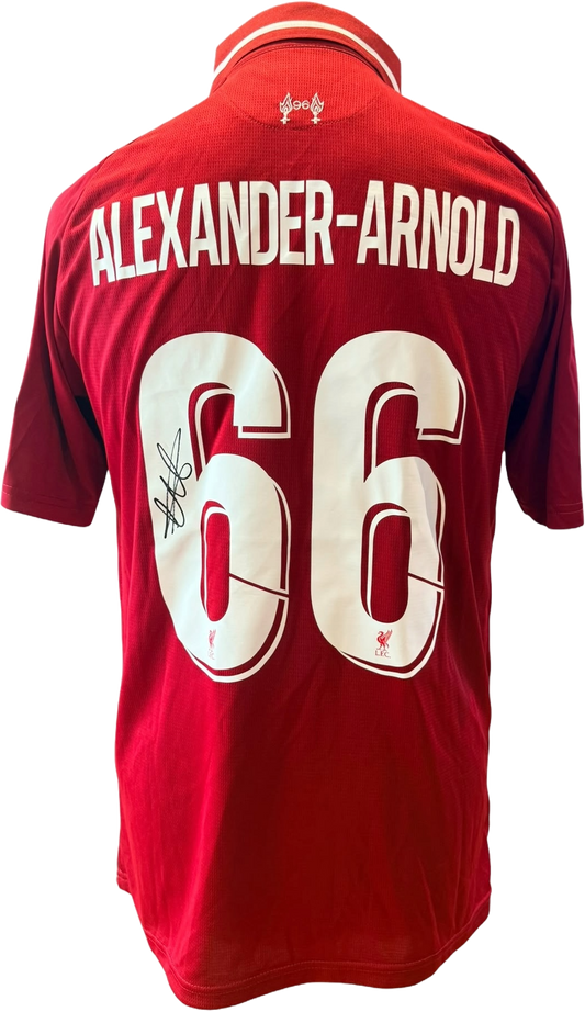 Unframed hand-signed Trent Alexander-Arnold Liverpool 2018/19 home shirt featuring a clear signature on the historic red kit.