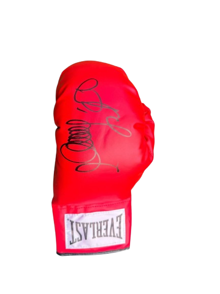 Close-up of the Oleksandr Usyk signature on an Everlast glove showing the ACGcert tamper-evident hologram and QR code.