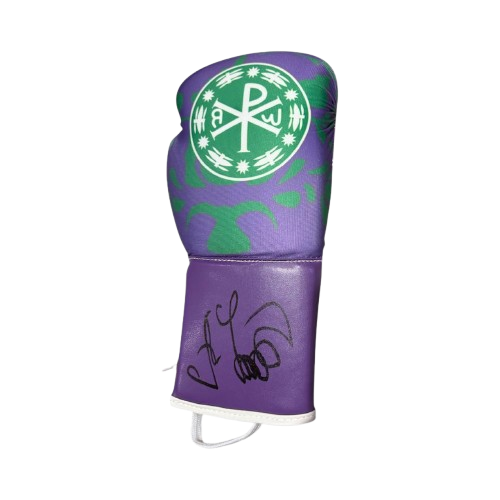 A high-quality replica boxing glove hand-signed by Oleksandr Usyk in permanent black marker to commemorate the Fury 2 rematch.