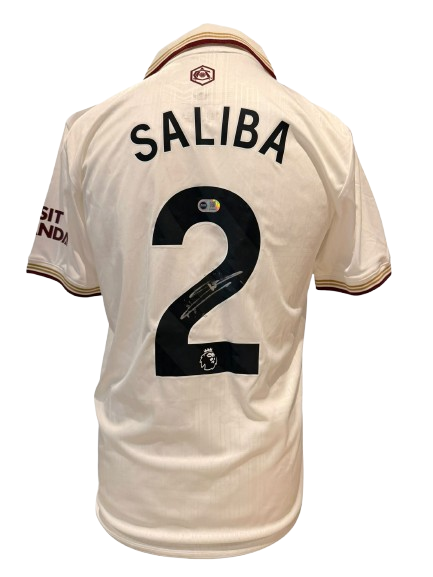 Official 2025/26 Arsenal third shirt hand-signed by William Saliba in bold permanent ink.